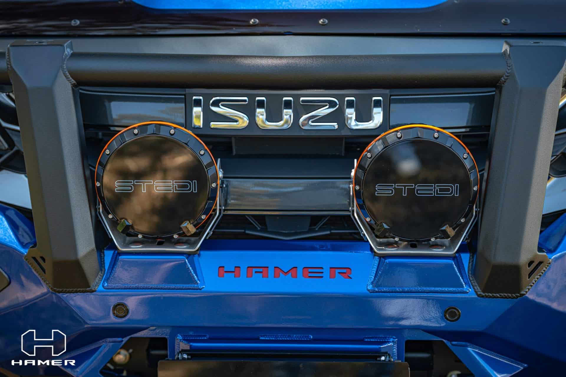 Isuzu D-Max with Hamer bull bar and LED spotlights.