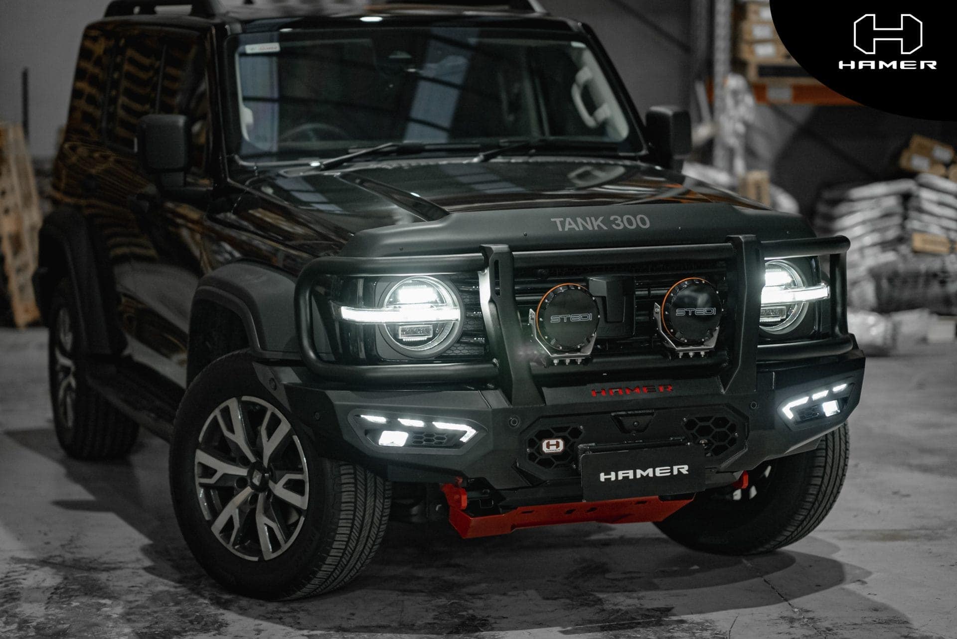 Atlas series Plus bull bar for GWM Tank 300 in black with LED lights.
