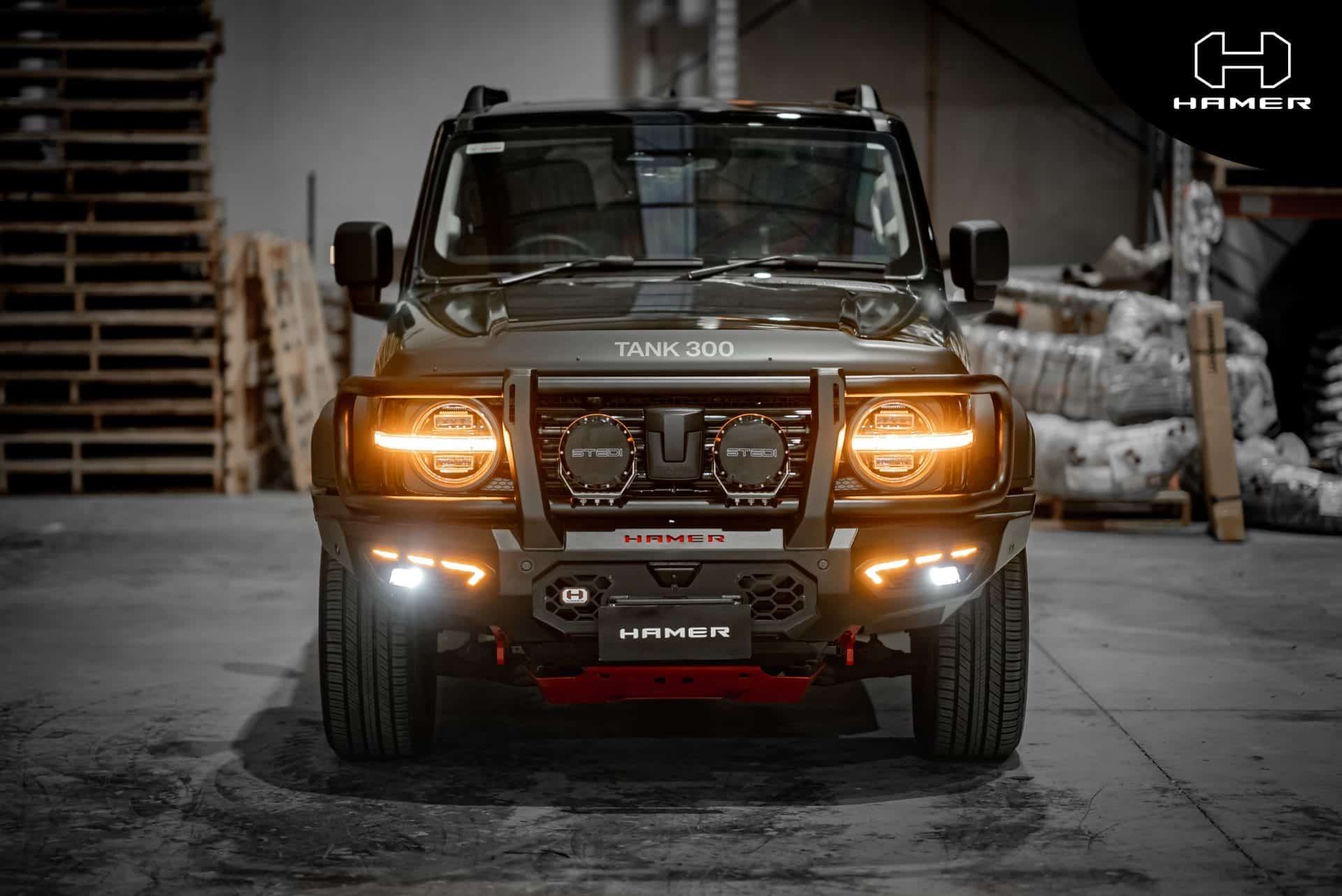 GWM Tank 300 with West Coast Off Road Atlas Series Plus bull bar in workshop.